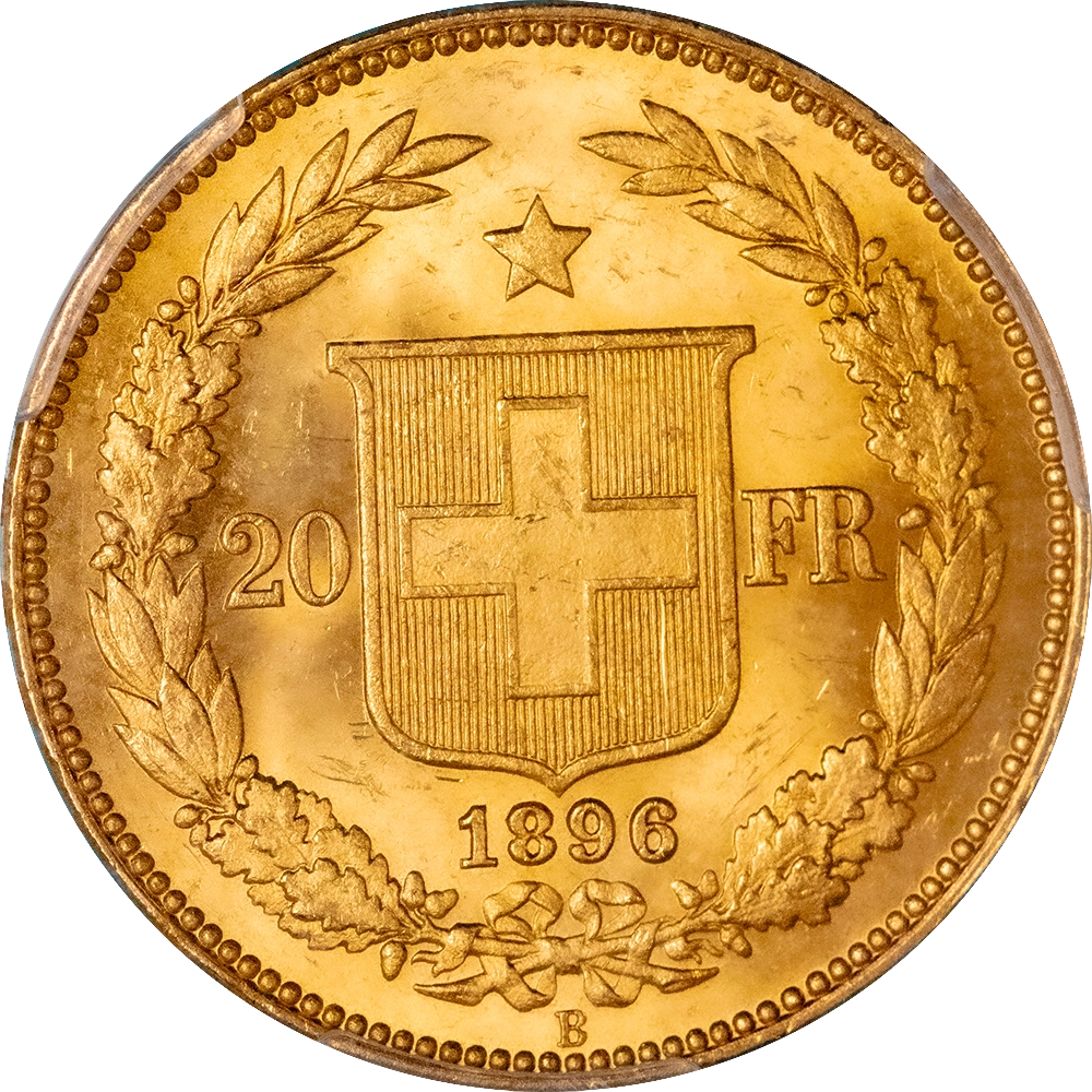 Coin graduated by PCGS MS65 - Suisse 20 francs Helvetia 1896