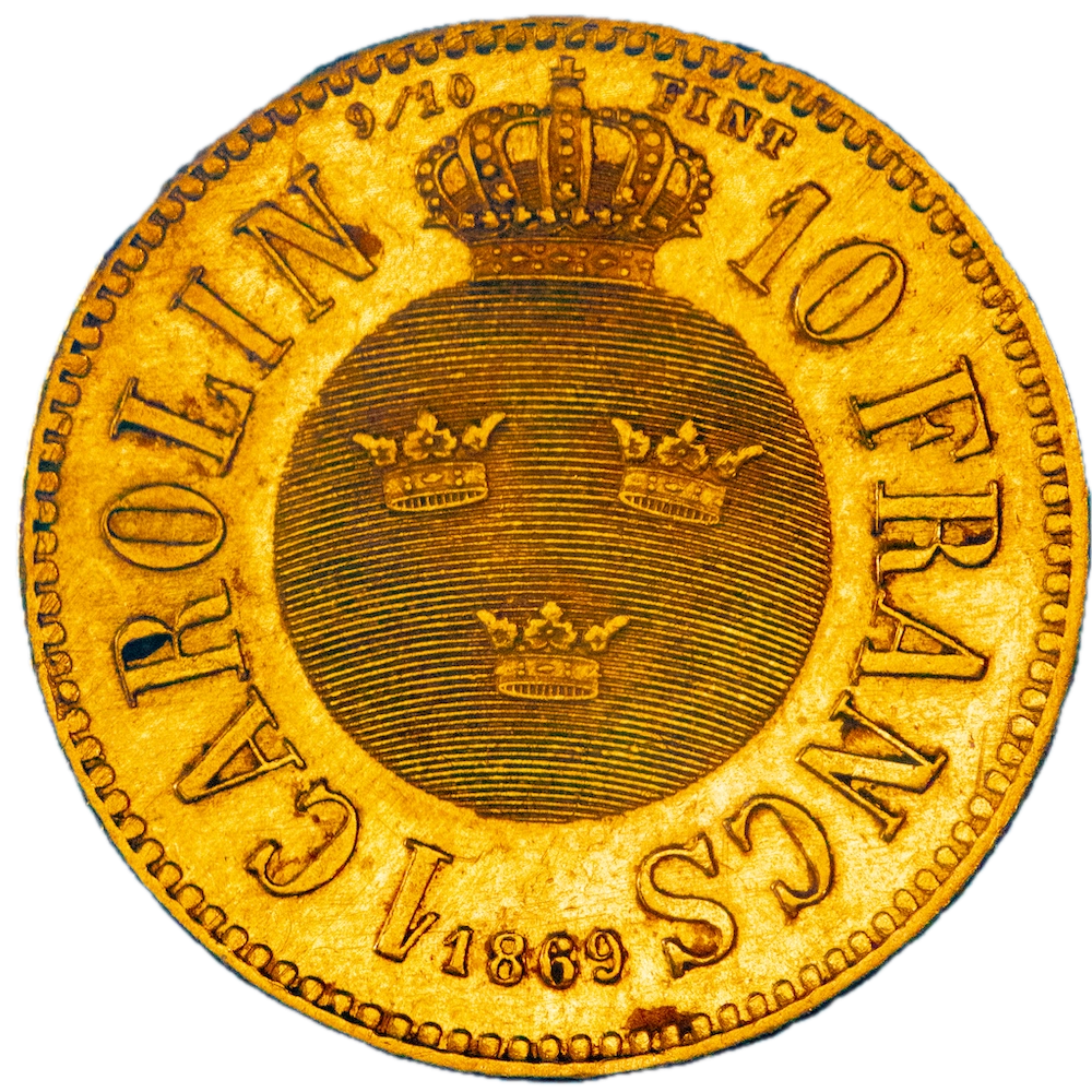 Sweden 10 francs or 1 Carolin Charles the 15th 1869 Stockholm